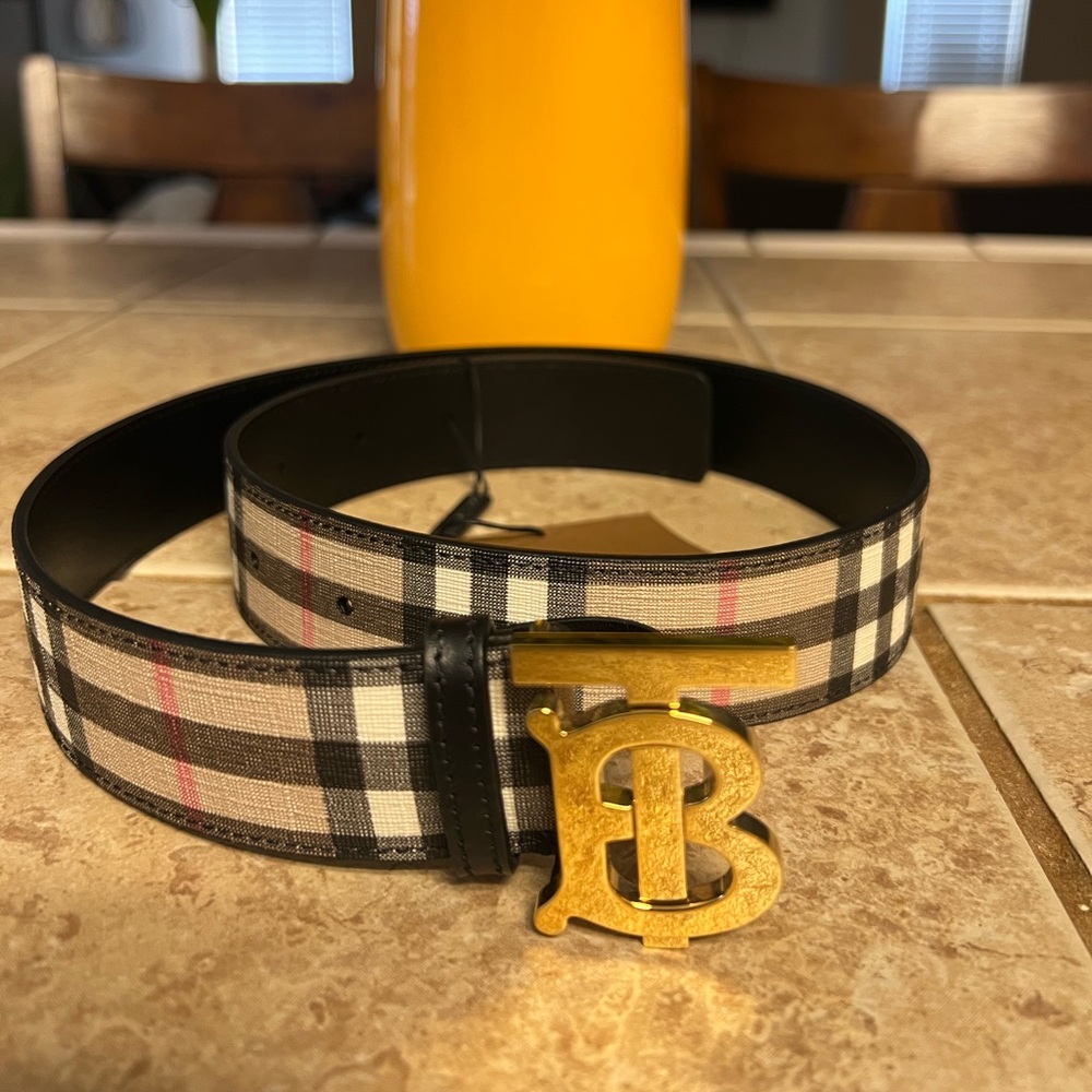 NWT, Authentic Burberry Black and Cream Belt with Gold Buckle - Picture 3 of 9
